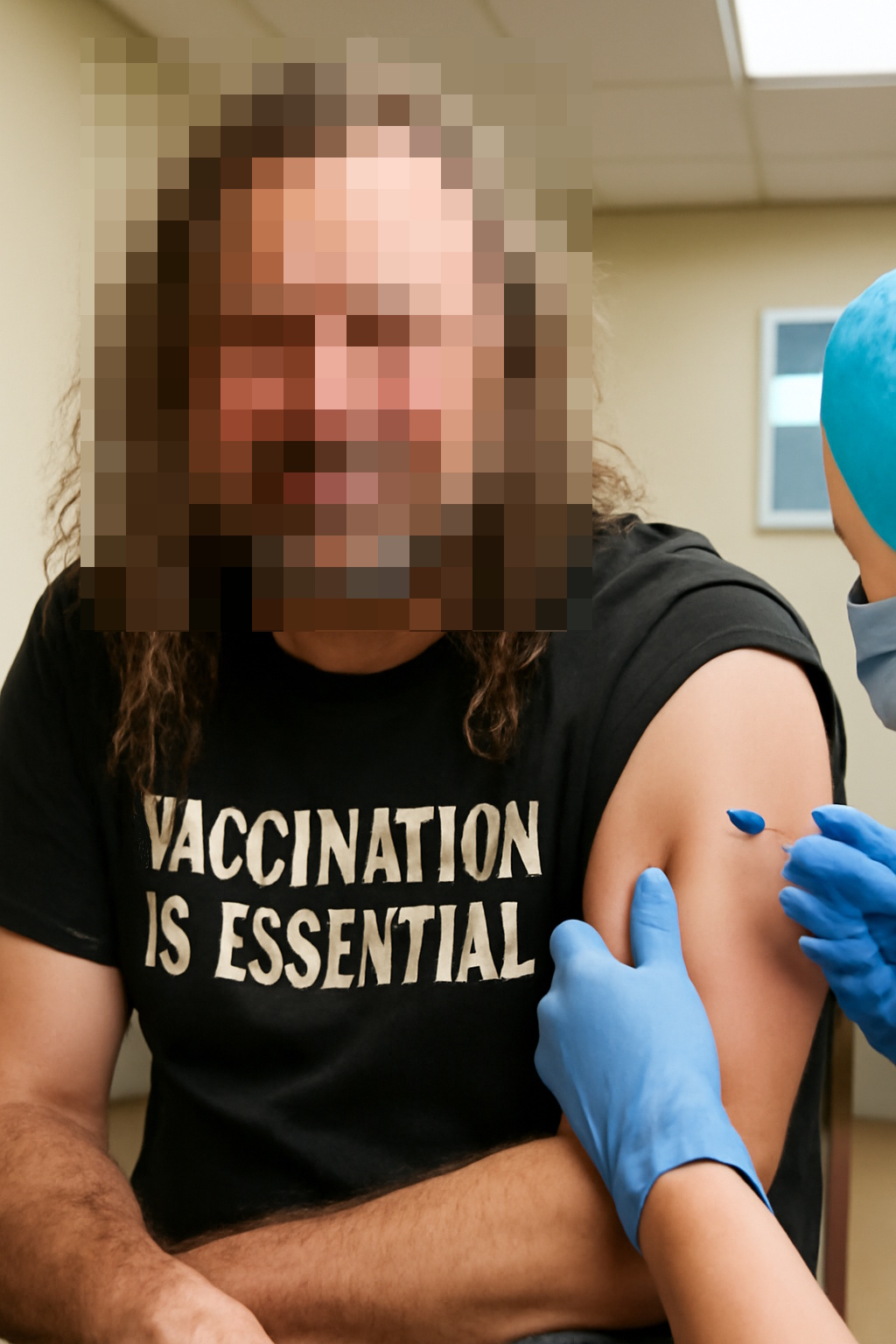 A man receiving a vaccine shot from a medical professional, looking apprehensive.